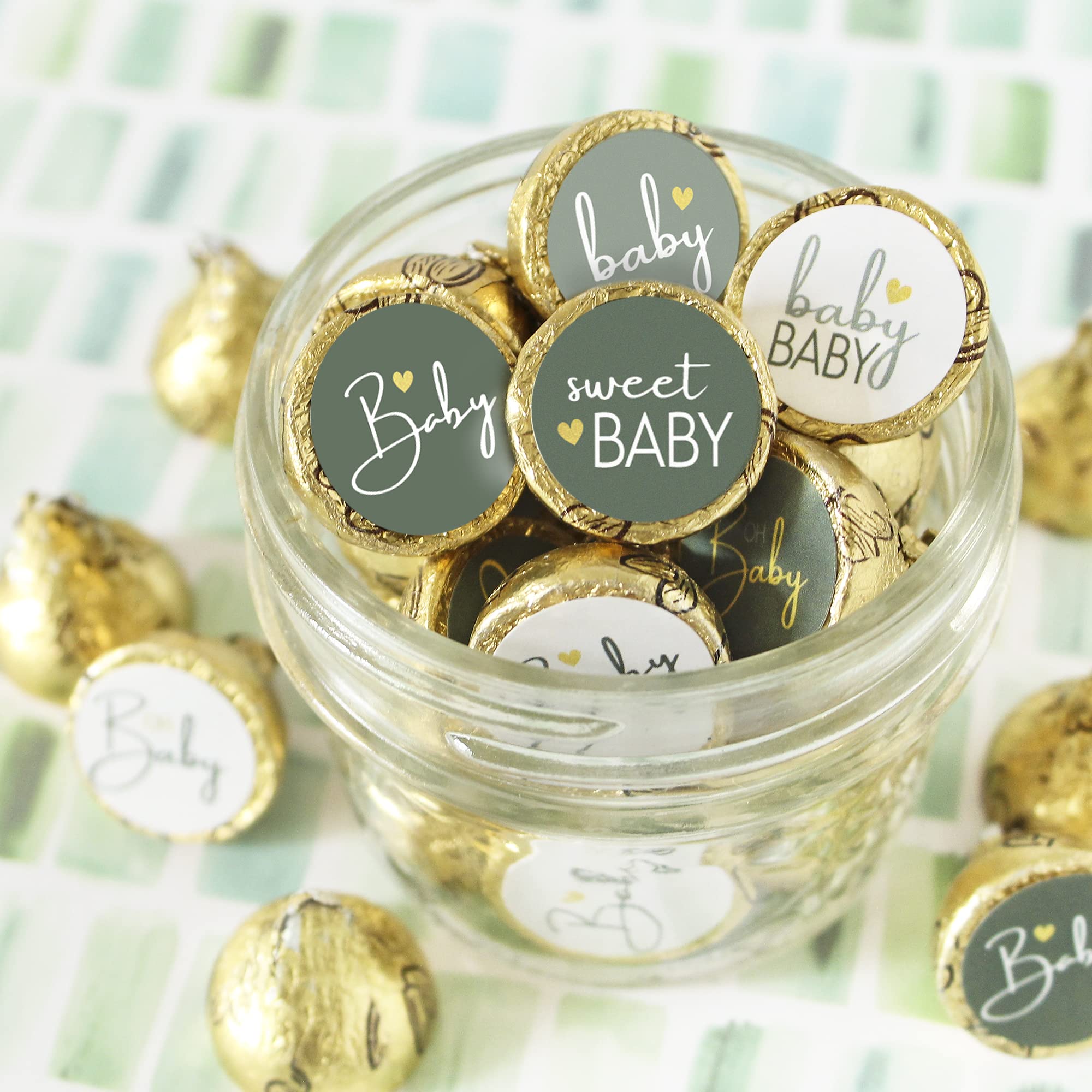 Green And Gold Baby Shower Party Favor Kisses Candy Stickers - Sweet Baby Party Favors - 180 Labels